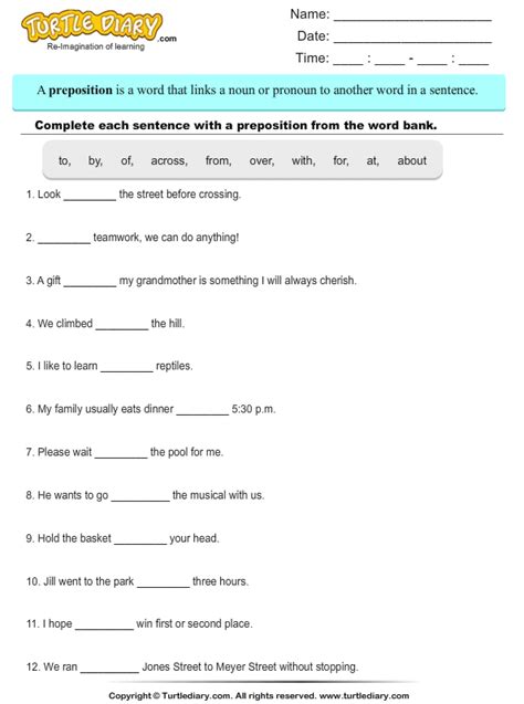 choose correct preposition  complete  sentence turtle diary