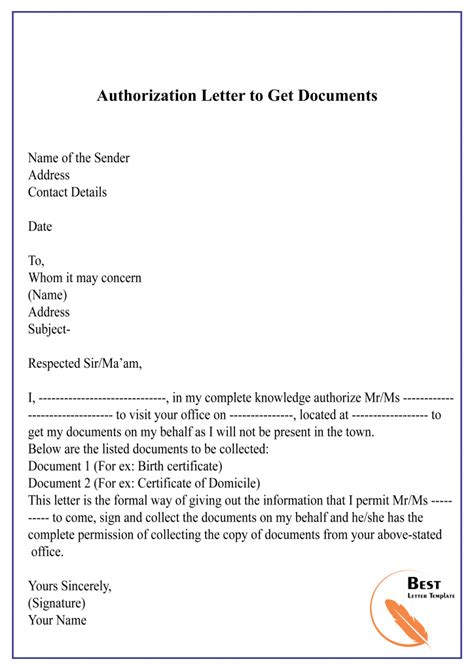 authorization letter  process documents sample