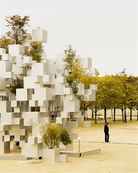 sou fujimoto adds greenery  layered cube installation  paris