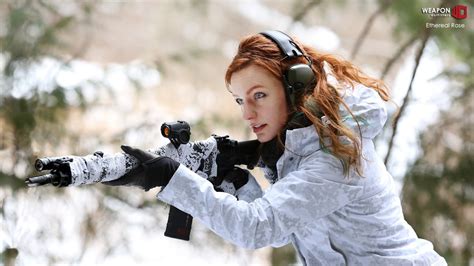 Wallpaper Gun Women Redhead Model Winter Weapon