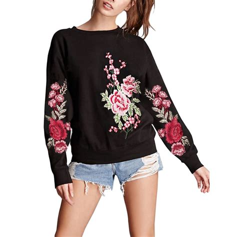 women sweatshirts women clothes floral embroidery  neck long sleeve