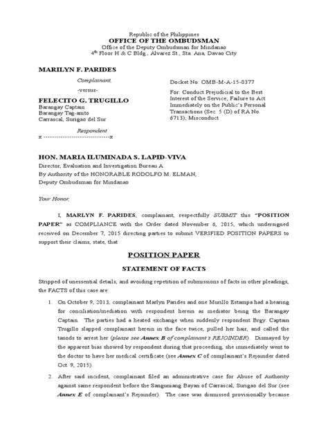 position paper ombudsman marlyn paredes  evidence evidence law