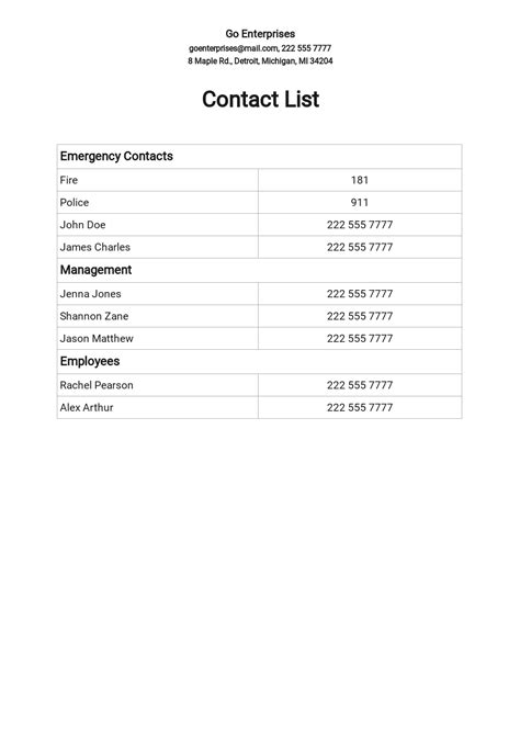 contact list template   word apple pages  templatenet