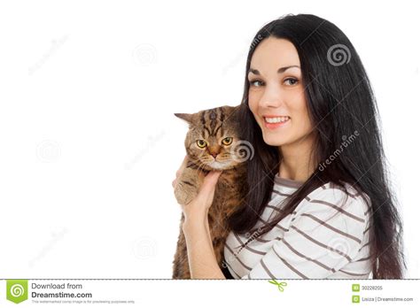 beautiful smiling brunette girl and her ginger cat over white background royalty free stock