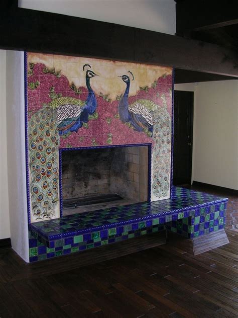 custom  ceramic tile peacock fireplace   clay