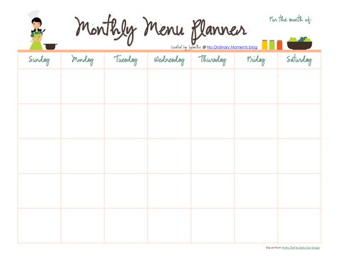 monthly meal menu planner  format template  gratis