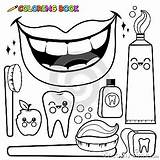 Dental Coloring Vector Hygiene Set Mouth Floss Bitten Toothpaste Toothbrush Wash Tooth Objects Outline Teeth Apple sketch template