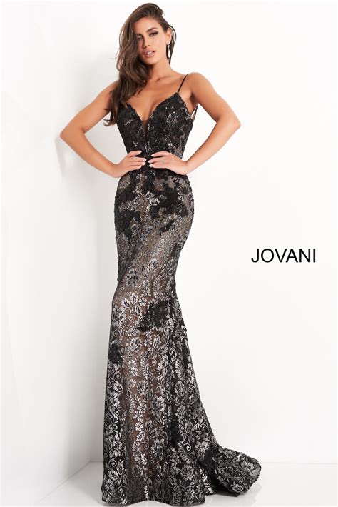 Jovani 06438 Black Silver Open Back Sheath Prom Dress