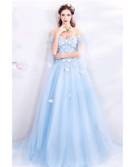 dreamy fairytale blue tulle long prom dress off shoulder