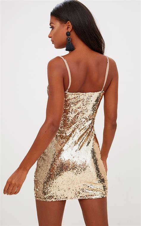 gold square neck sequin bodycon dress dresses prettylittlething usa