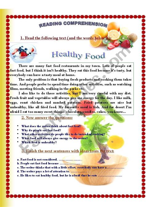healthy food esl worksheet  mayday