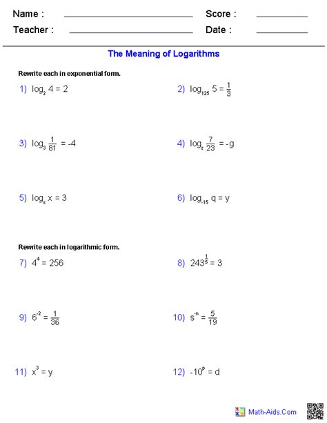 algebra  worksheets exponential  logarithmic functions worksheets