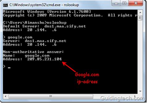 find ip address   domain  nslookup command