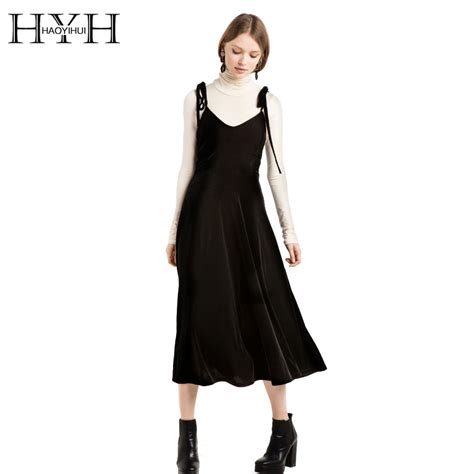 hyh haoyihui women dress vestidos high waist solid black deep v neck