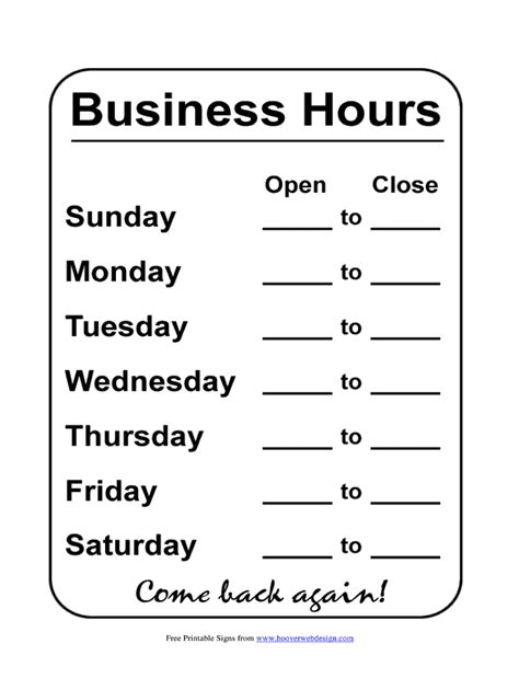 business hours template fill  printable fillable blank