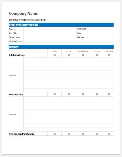 employee performance appraisal forms  ms word word excel templates