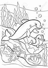 Coloring Pages Underwater Animals Aquatic Sea Baby Wild Marine Dolphin Scene Cute Vector Stock Little Mother Ocean Swims Illustration Printable sketch template