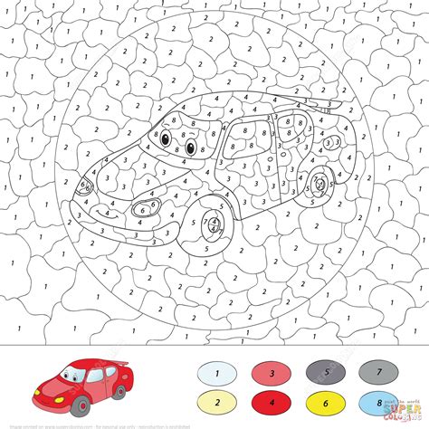 cartoon car color  number  printable coloring pages