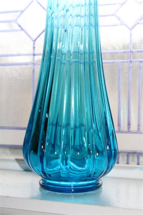 Large Blue Swung Glass Vase 20 5 Vintage 1960s