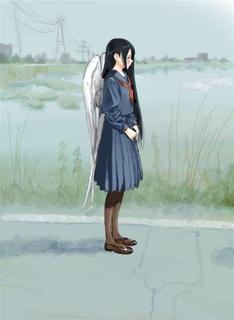 the big imageboard tbib 1girl absurdres angel wings black hair blue