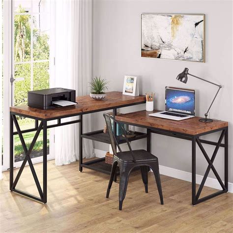 tribesigns solid wood  shaped desk industrial sit standing  desk  storage shelves rustic
