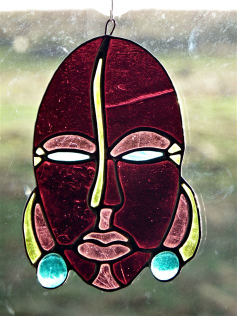 Tribal Mask Handmade Stained Glass Suncatcher Stained