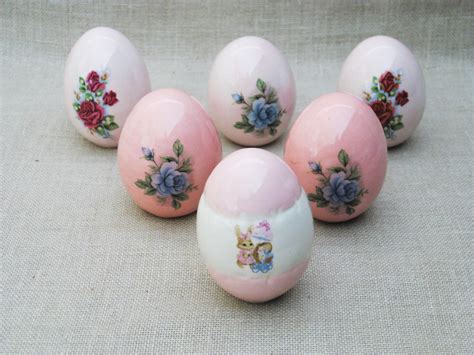 vintage ceramic easter eggs collection bowl  basket filler spring decor group   pink