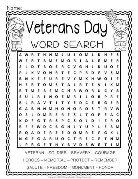 veterans day word search activity  answer key happy veterans day