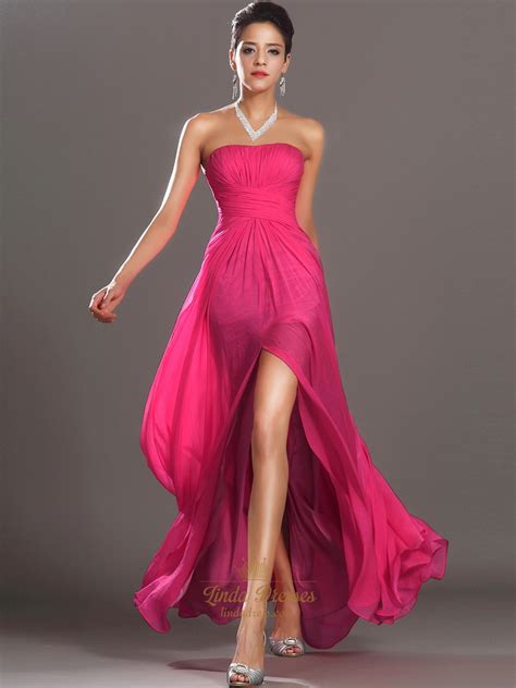 Hot Pink Strapless Chiffon Side Split Prom Dresses With Pleated Bodice