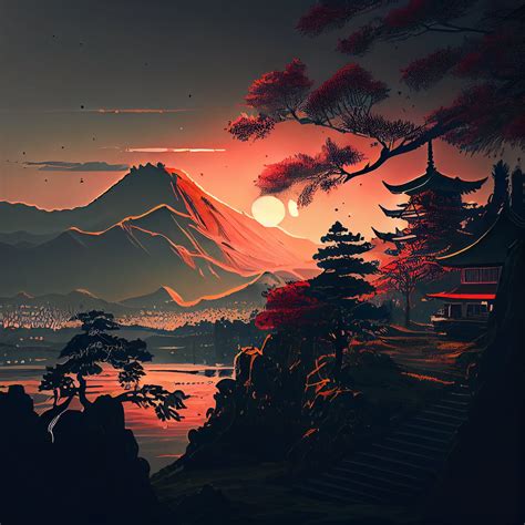 japanese landscape ai art beautiful view  sunset ai etsy
