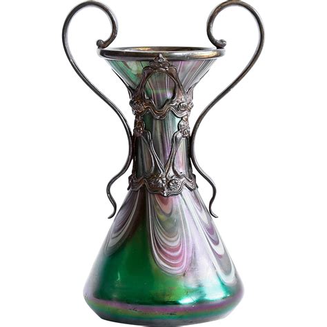 Magnificent Circa 1890 Antique Art Nouveau Art Glass Vase In Metal From