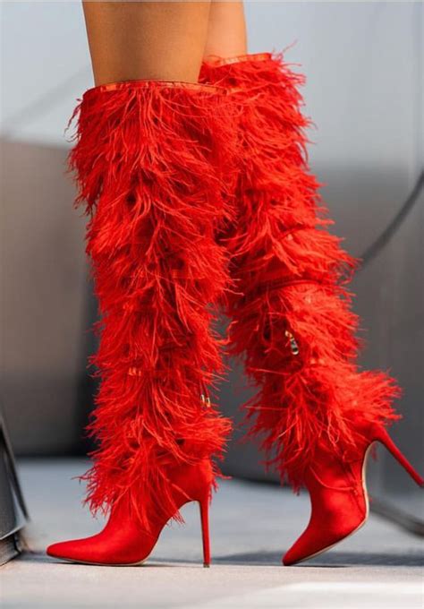 yifsion women over knee thigh high pointed toe feather fringe stiletto