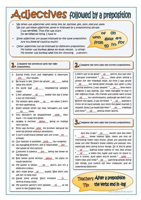 adjectives   prepositions part  english esl worksheets