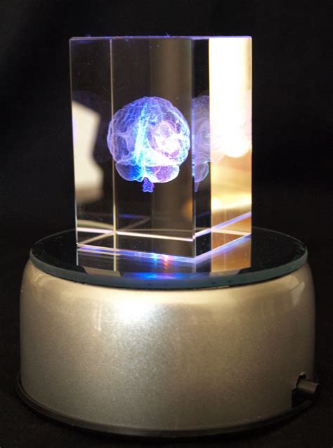 crystal cube  brain holographic laser etched   led lighted base