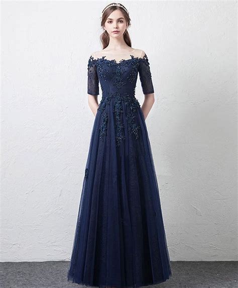 Dark Blue Tulle Lace Long Prom Dress Bridesmaid Dress