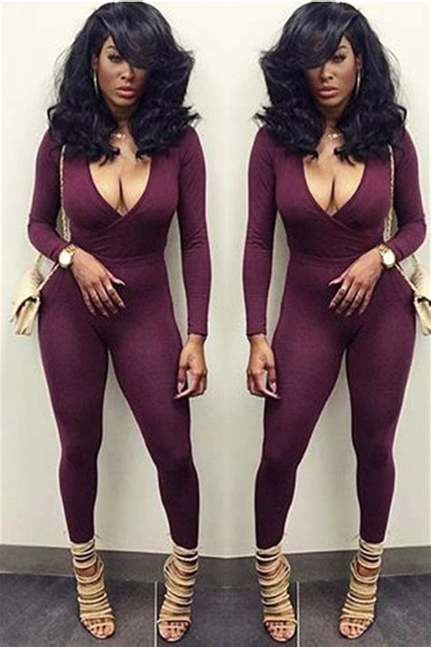sexy v neck long sleeve casual bodycon burgundy rompers