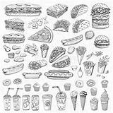 Voedsel Snel Vector Geplaatst Gebraden Getrokken Sandwich Kebab Vectorreeks Vektor Illustrationer Fastställd Snabbmat sketch template