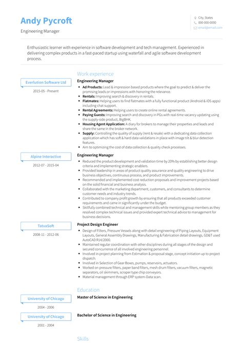 engineering manager resume samples  templates visualcv