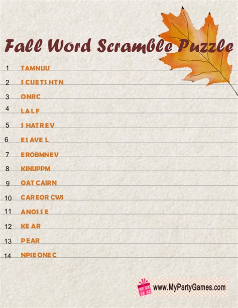 printable fall word scramble puzzle