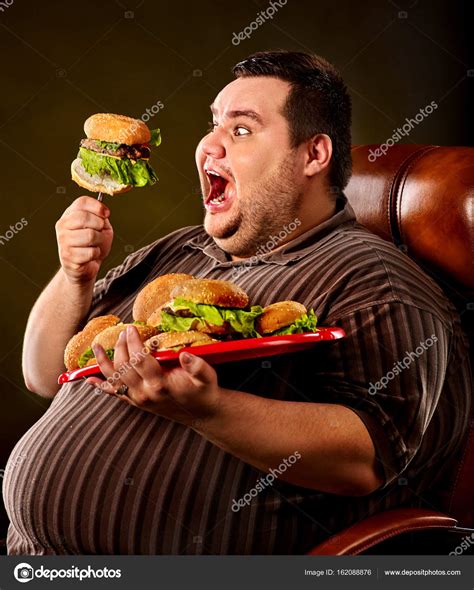 Fat Man Eating Fast Food Hamberger Breakfast For