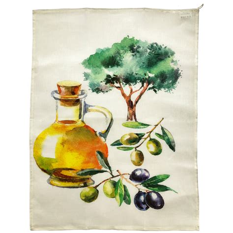 linen printed kitchen towel oil bottle olives