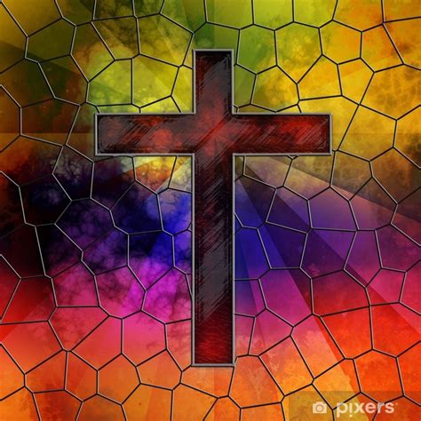 Red Glass Cross On Stained Glass Window Panel Poster