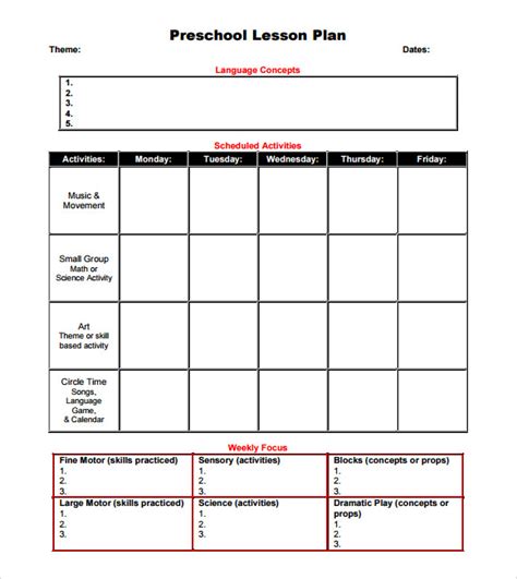 printable preschool lesson plans printable  templates