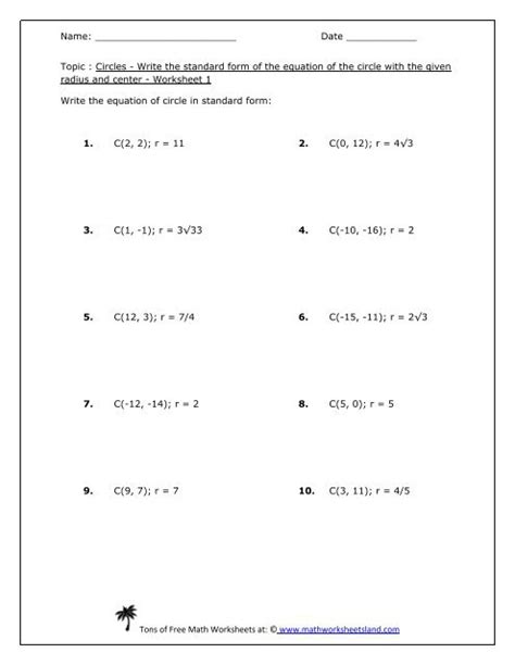 standard form   equation   circle worksheet  pack
