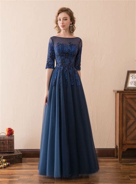 blue tulle short sleeve backless  sequins prom dress evening dresses long lace