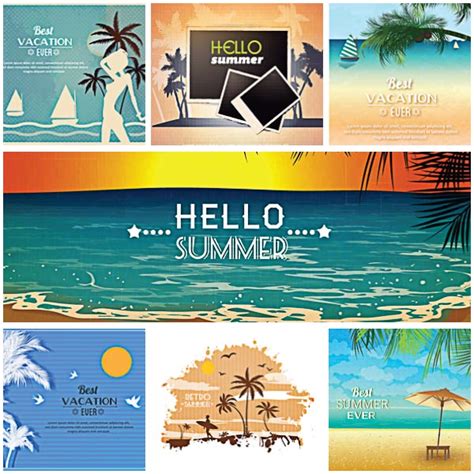 summer cards retro set vector free download