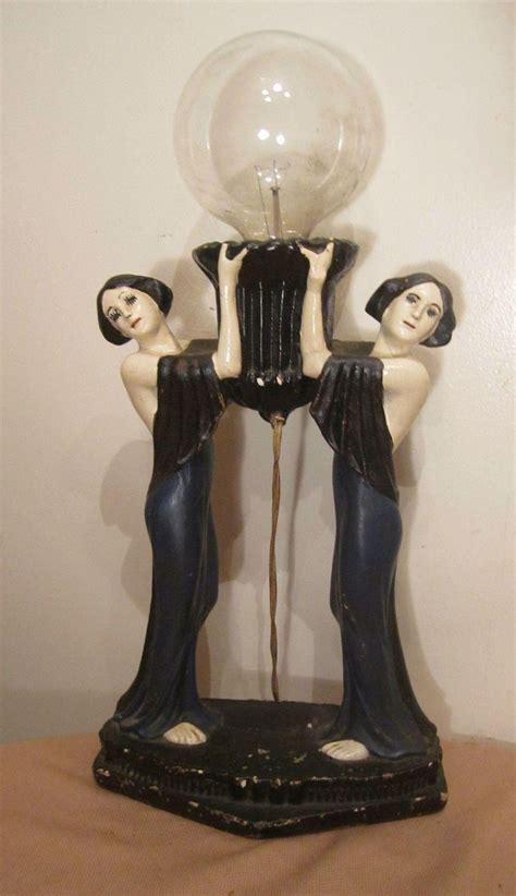 Large Rare Antique Art Deco Dual Female Figural Chalkware Electric