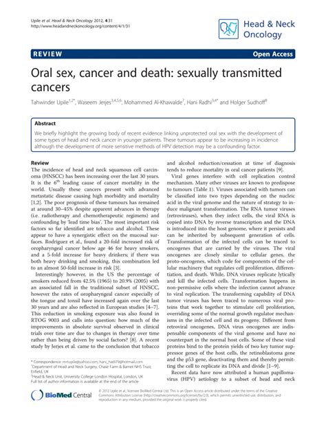 Pdf Oral Sex Cancer And Death Sexually Transmitted Cancers