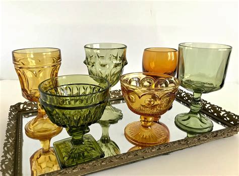 Vintage Mismatched Amber And Green Goblets Set Of 6 Etsy Vintage