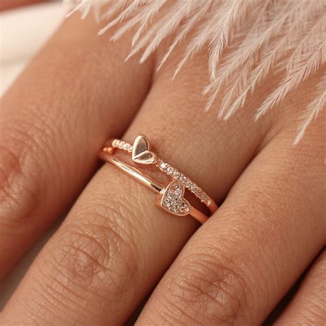 Lindsay Simple And Cute Crystal Double Heart Ring Double Heart Ring